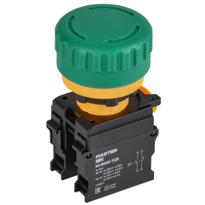Кнопка IEK MASTER MI-BG60-11ZS-3-23-K06 "Грибок" поворотная с фиксацией 1NO+1NC зелёная MI-BG600-11ZS-3-23-K06