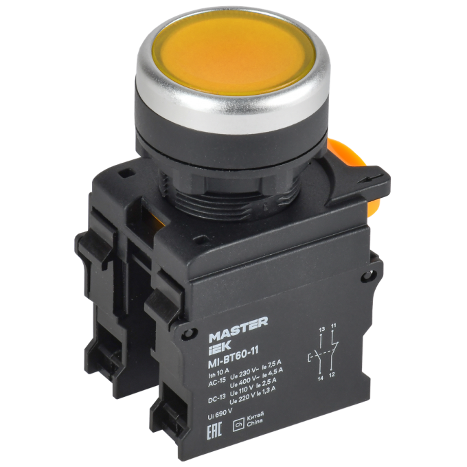 Кнопка IEK MASTER MI-BT60-11-3-22-K05 d=22мм 1NO+1NC жёлтая MI-BT60-11-3-222-K05