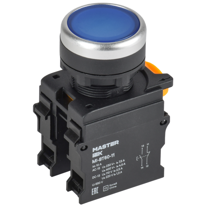 Кнопка IEK MASTER MI-BT60-11-3-22-K07 d=22мм 1NO+1NC синяя MI-BT60-11-3-222-K07