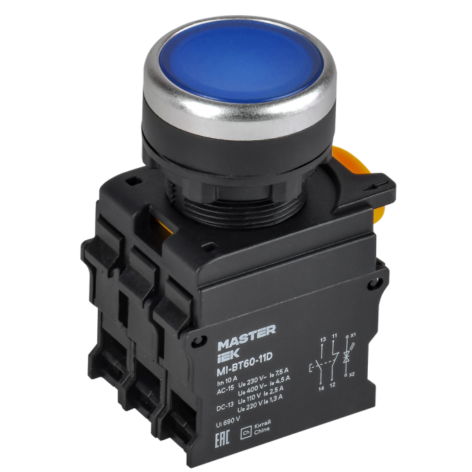 Кнопка с подсветкой IEK MASTER MI-BT60-11D-3-12-K07 d=22мм 1NO+1NC синяя MI-BT60-11D-3-112-K07